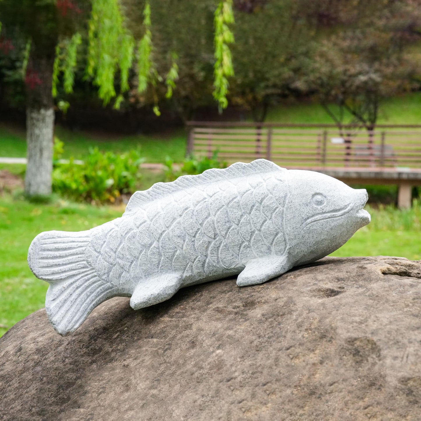Chisel Hand Carved Fish Garden Statue, Animal Statue Outdoor Decor for Landscape Balcony,Garden,Patio,Porch Yard Art Ornament,9.8" L x 3.8" W x 3.5" H