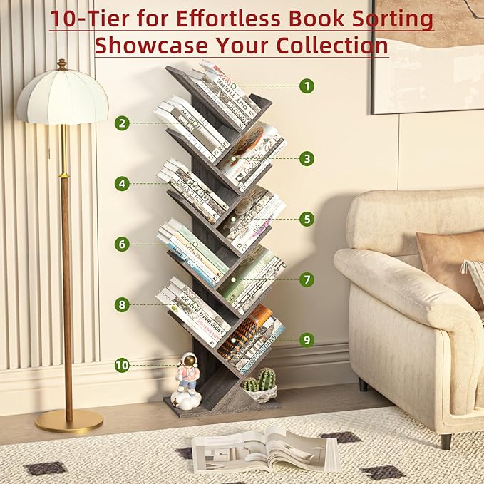 SHEEPAM 10 Tier Tree Book Shelf, Floor Standing Wood Bookshelf