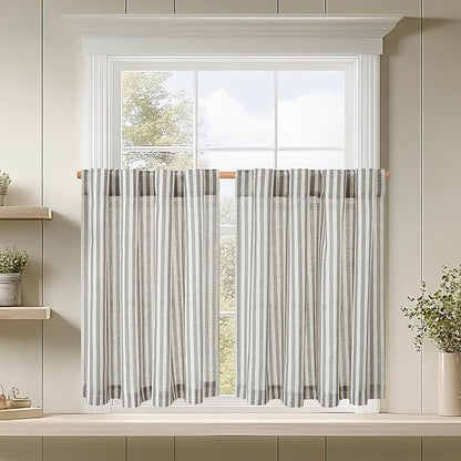 jinchan Striped Linen Kitchen Curtains 36 Inches Tier Curtains Farmhouse Modern Cafe Style Small Window Treatments Airy Light Filtering Rod Pocket for Living Room Bathroom 2 Panels Charcoal Grey