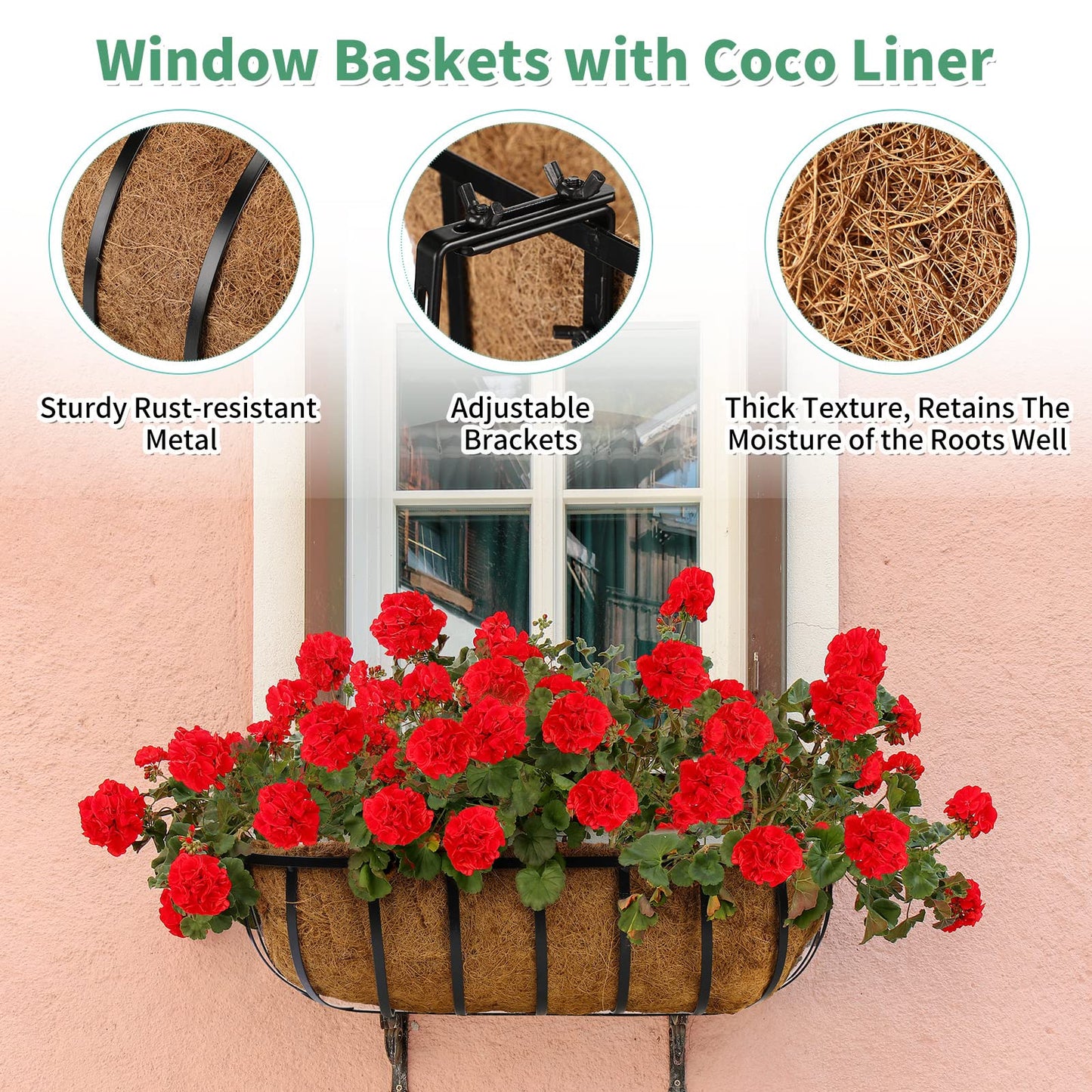 Tessco for you 6 Pieces Railing Planter Boxes, 24 Inches Window Box Planters with Coco Liner and Adjustable Brackets for Deck Porch Fence Patio Balcony Gardening Outdoor Plants