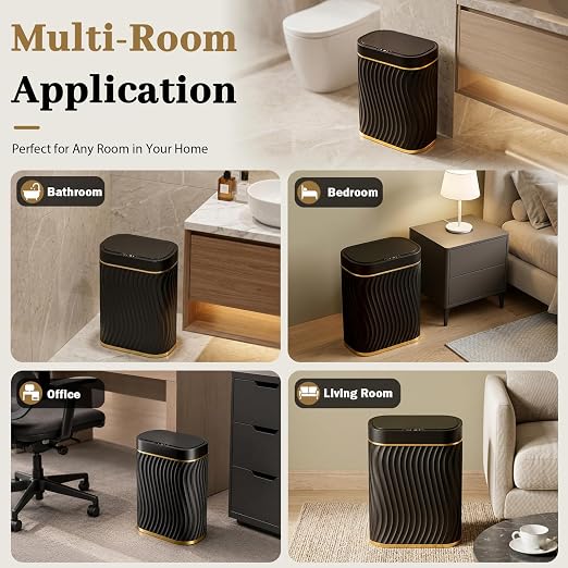 steo spce Automatic Motion Sensor Bathroom Small Trash Can with Lid, 2.6 Gallon Black Touchless Slim Garbage Can, Smart Waterproof Trash Bin for Bedroom, Restroom, Living Room, Office