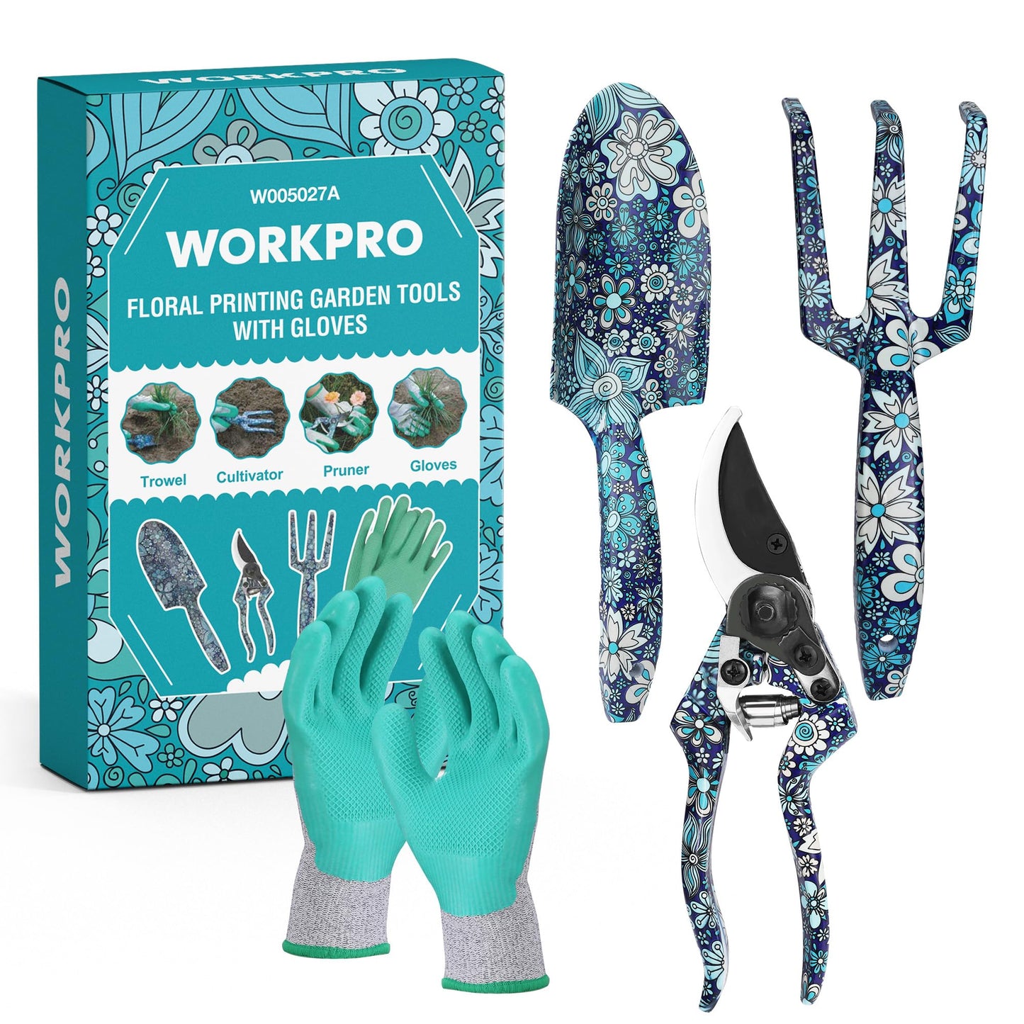 WORKPRO Aluminum Garden Tool Set, 4PCS Heavy Duty Hand Garden Tools with Box Include Trowel, Rake, Pruner, Garden Gloves, Blue Floral, Garden Gifts