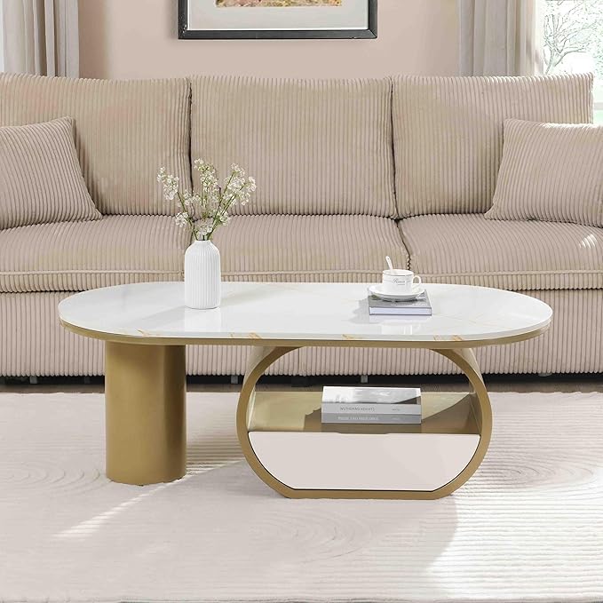 Modern Oval Coffee Table, 47.24" White Faux Marble Coffee Table