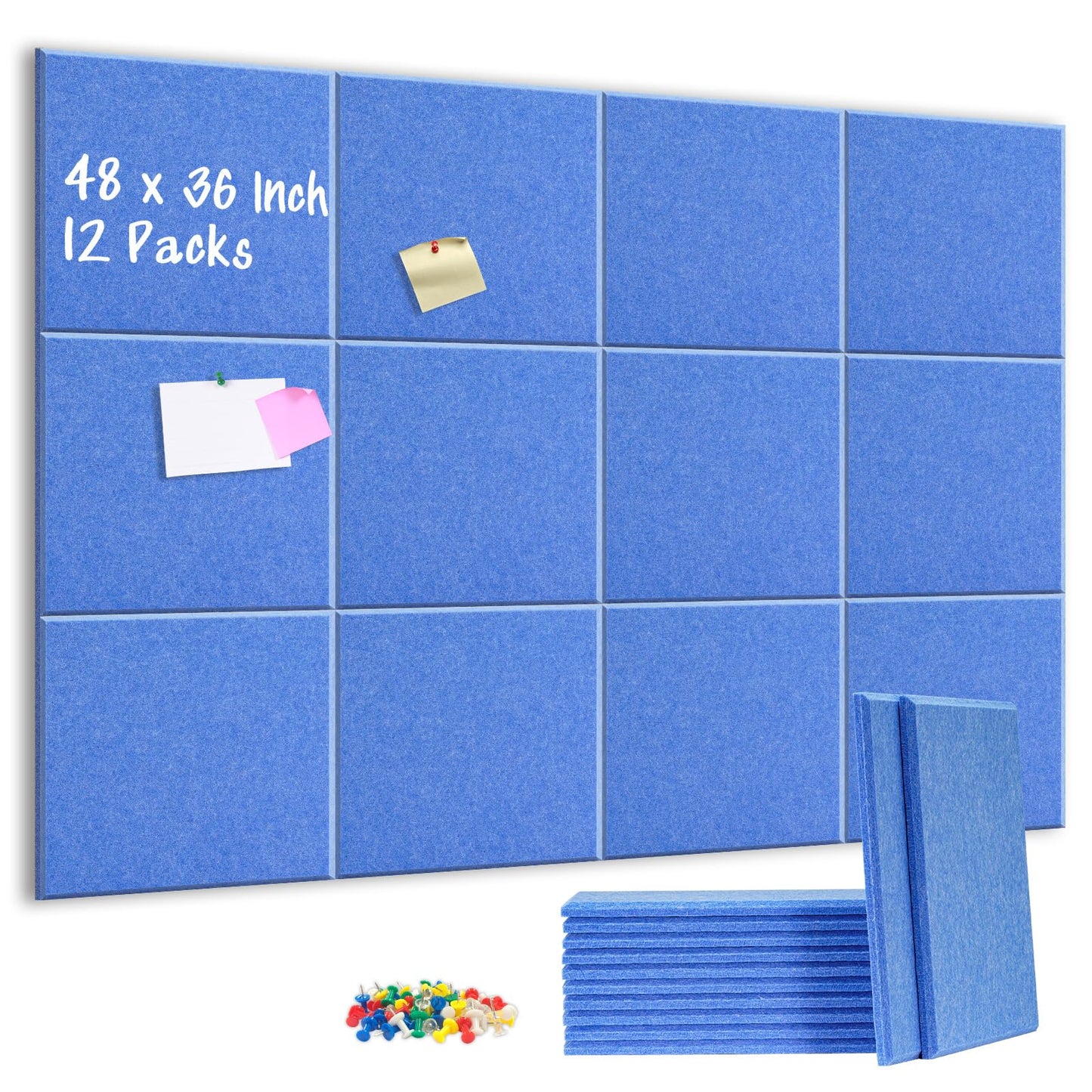 DOLLAR BOSS Large Cork Board for Wall 48" x 36" x 0.5" Bulletin Board 12 Packs Corkboard Tiles Self Adhesive Felt Wall Tiles for Office Home School, Blue