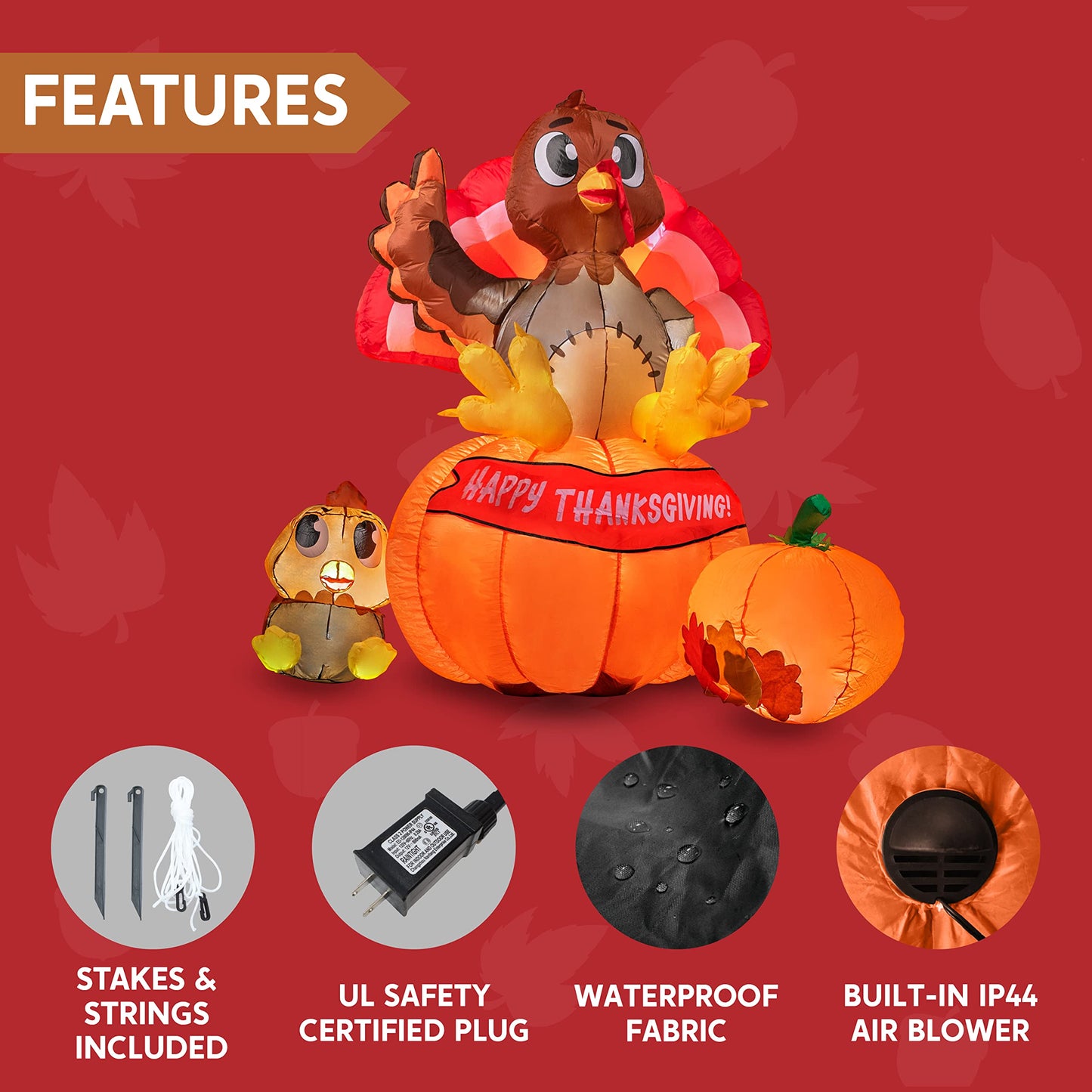 Joiedomi 6 ft Thanksgiving Inflatable Turkey on Pumpkin Decoration, LED Light Up Blow Up Turkey for Autumn Thanksgiving Family Party Décor, Halloween Inflatable for Yard Garden