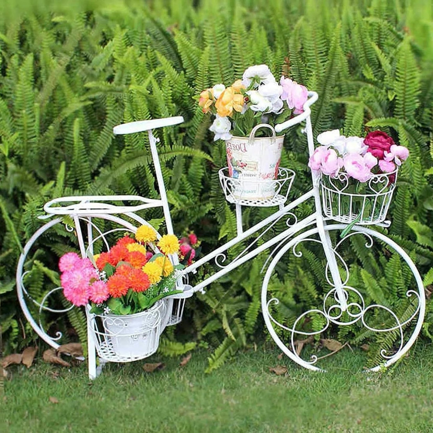 OJHVTCXD Bicycle Plant Stand with 4 Baskets Wrought Iron Flower Pot Cart Holder for Outdoor Garden Home Decor Deck Patio (White) Stand