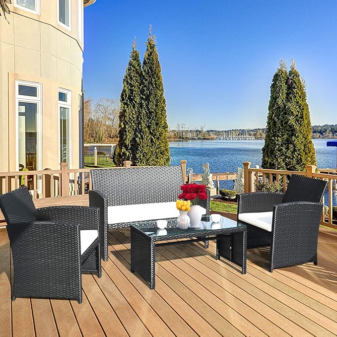 Tangkula Patio Wicker Conversation Furniture Set, Patiojoy Sofa & Table Set w/4
