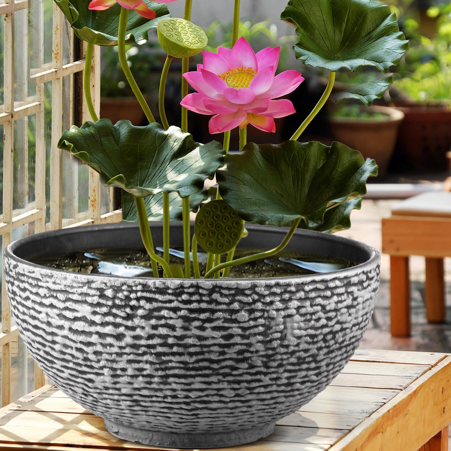 RimCereal 2 Pack Large Water Lily Planter Bowl, 16 Inch Lotus Flower Bowl Fit Hydroponic Succulent Planter Water Plant Container for Indoor Outdoor Garden Balcony Patio Fish Pond Bird Bath (Gray)