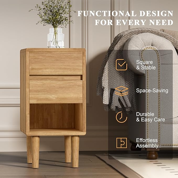 Nightstand 2 Drawers with Open Shelf Narrow Night Stand Solid Wood Bedside