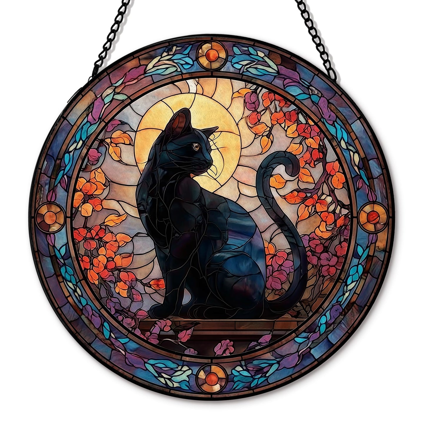 Hxlac Black Cat Christmas Suncatcher Stained Glass Window Hanging, Gothic Black Cat Flower Sun Catchers Indoor Window Glass Round Wall Decor, Halloween Wall Art Hanging Decorations, ＂7.8x7.8＂