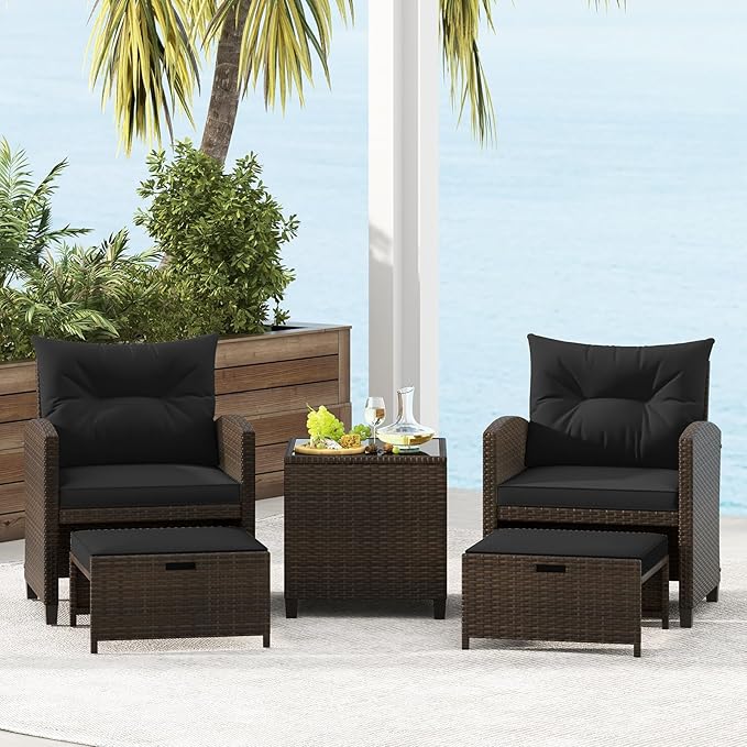 Tangkula 5 Pieces Patio Conversation Set, PE Wicker Rattan Outdoor Furniture Set