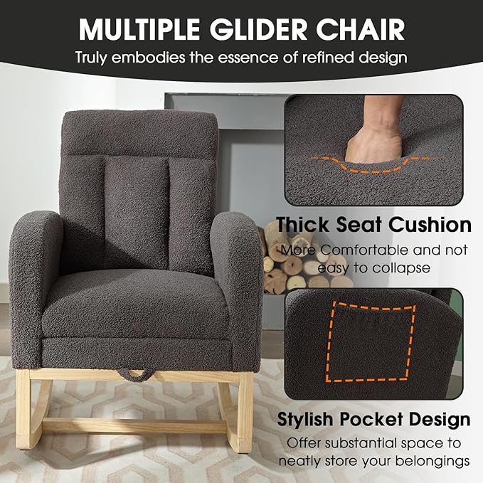 NIOIIKIT Modern Nursery Rocking Chair, Teddy Upholstered Rocking Chair