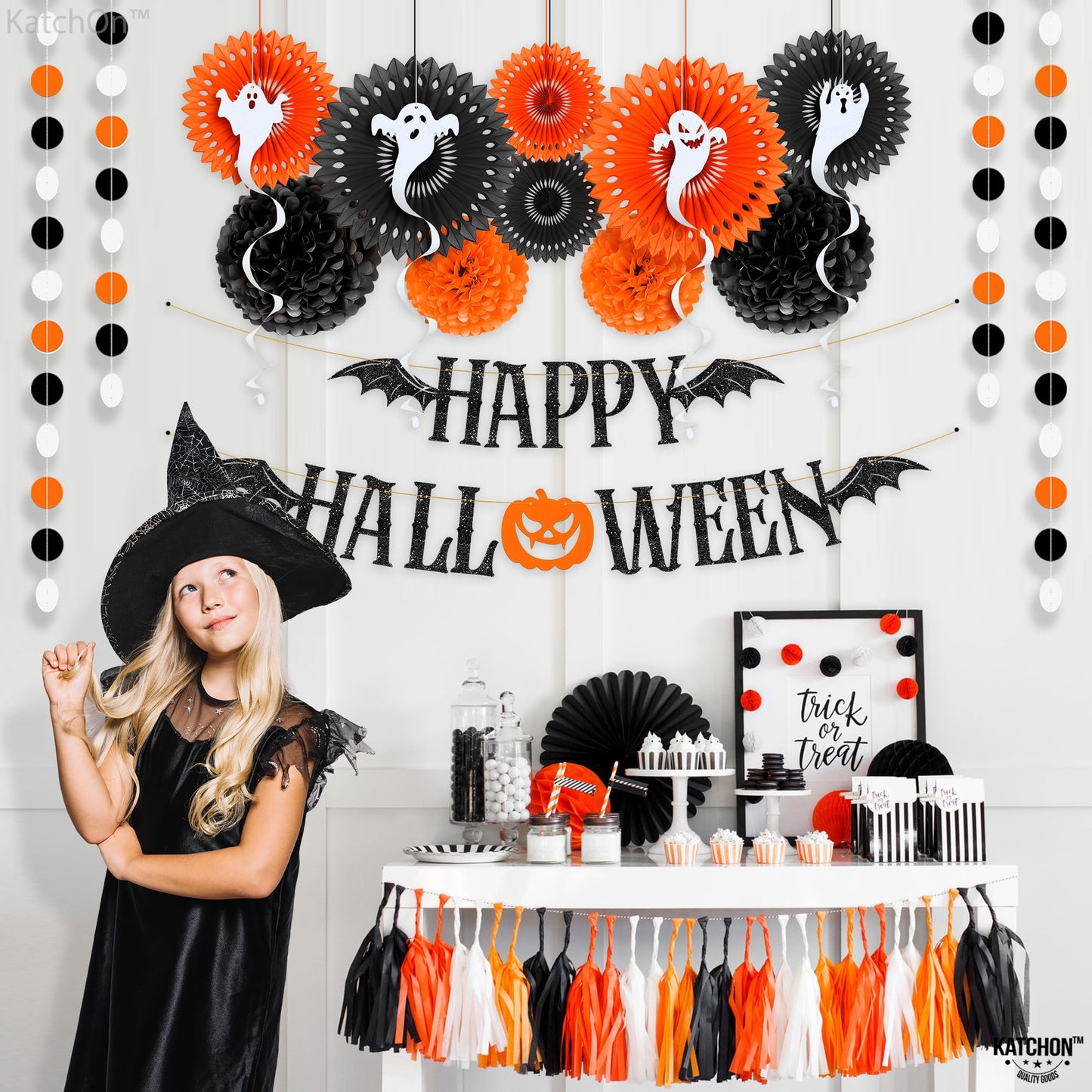 KatchOn, Happy Halloween Party Decoration Set - Pack of 17 | Garlands & Wall Portrait Banner | XtraLarge 72x44 Inch- halloween Banner | Wall Backdrop,Hanging Swirl For Halloween Decorations