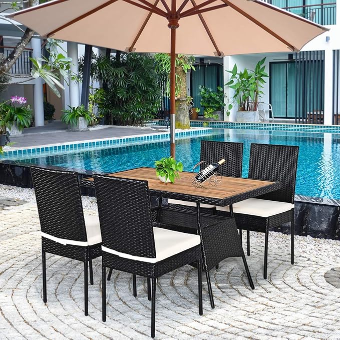 Tangkula 5 Piece Wicker Patio Dining Set, Outdoor Rattan Table & Chairs Set