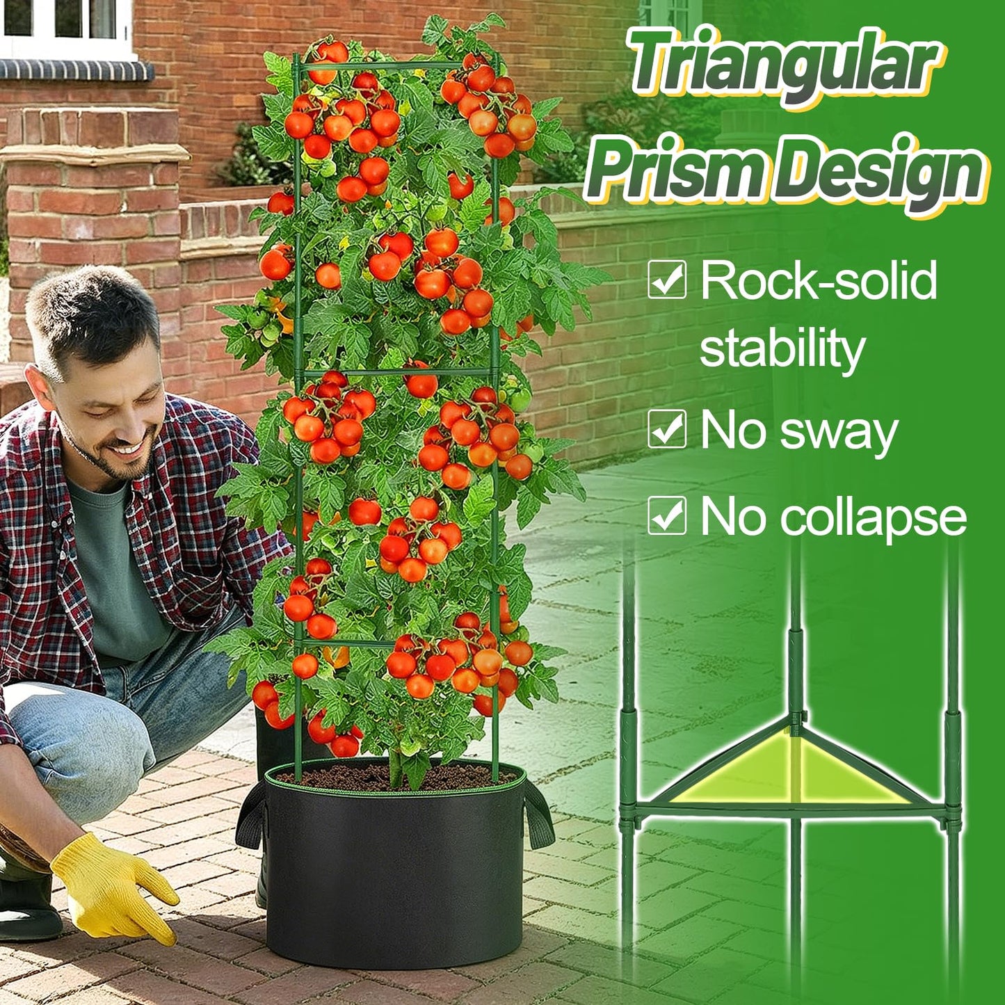 ANPHSIN Sturdy Triangle Tomato Cage with Movable 10 Gal Grow Bags - 3 Sets 47'' Plants Garden Trellis Planters, Support for Indoor Outdoor Beans, Peppers, Eggplants, Climbing Vegetables