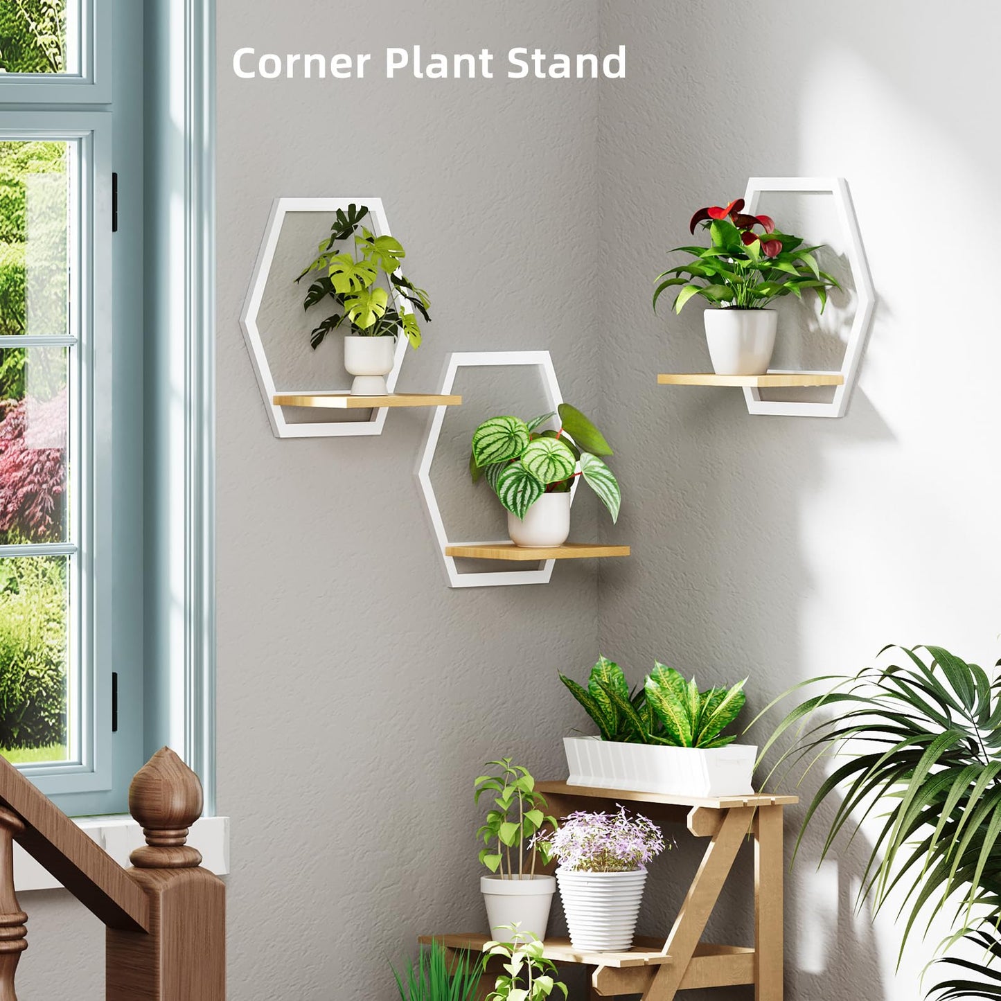 Rioneta 3 Pack Solid Wood & Heavy Duty Metal Wall Plant Stands,9 inch Natural Wood Shelf, Boho Arch Hanging Planter for Indoor 25 LB Load for Plants White