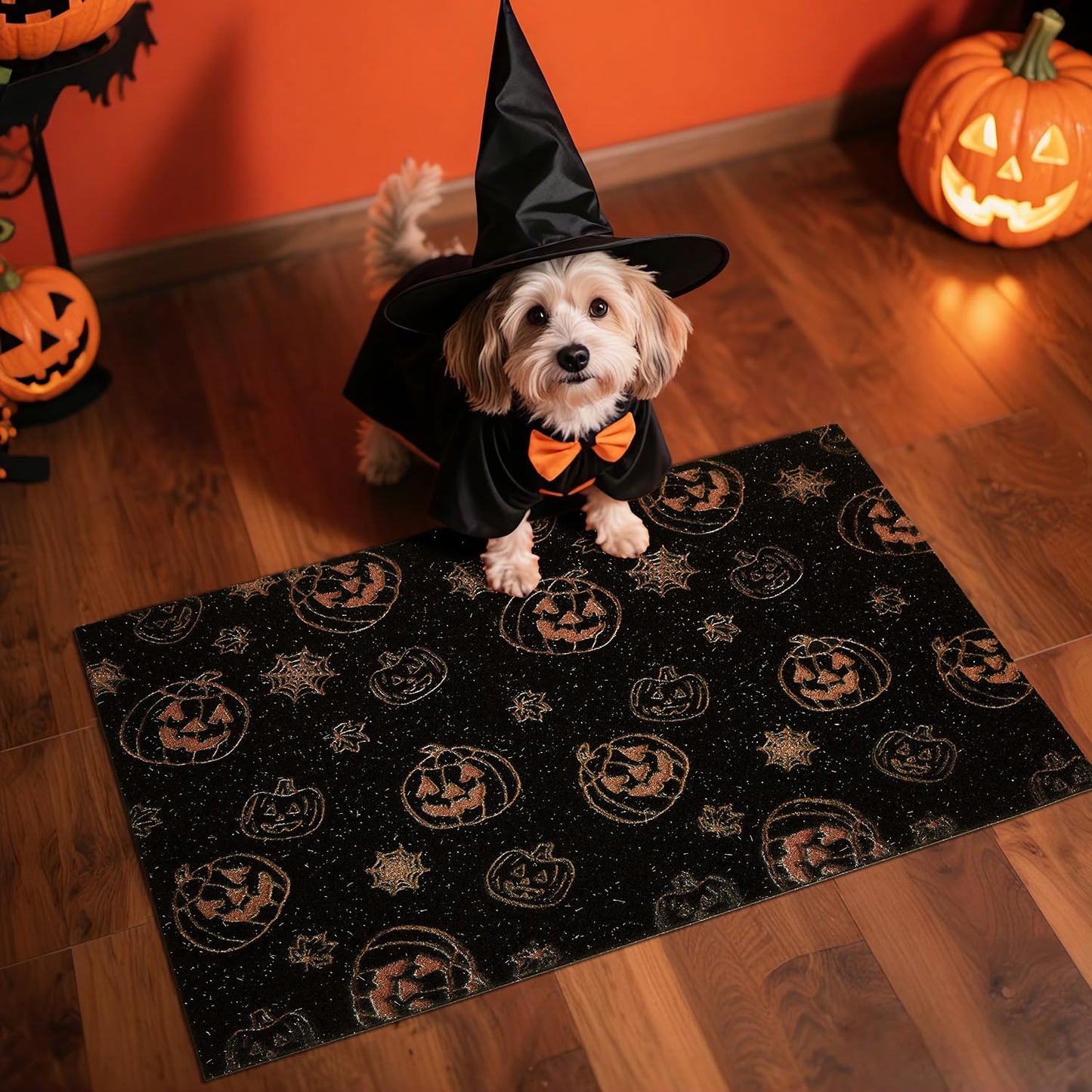 TYUU Pumpkin Front Door Mat Indoor Outside Entrance, Heavy Duty Dirt Trapper Doormat with Non Slip Backing Entryway Mat for Front Back Door, 17'' x 30'', Pumpkins Black