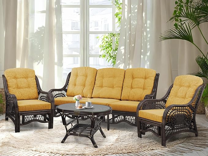 Malibu Lounge Set of 4: 2 Natural Rattan Wicker Chairs, Three-Seater Sofa