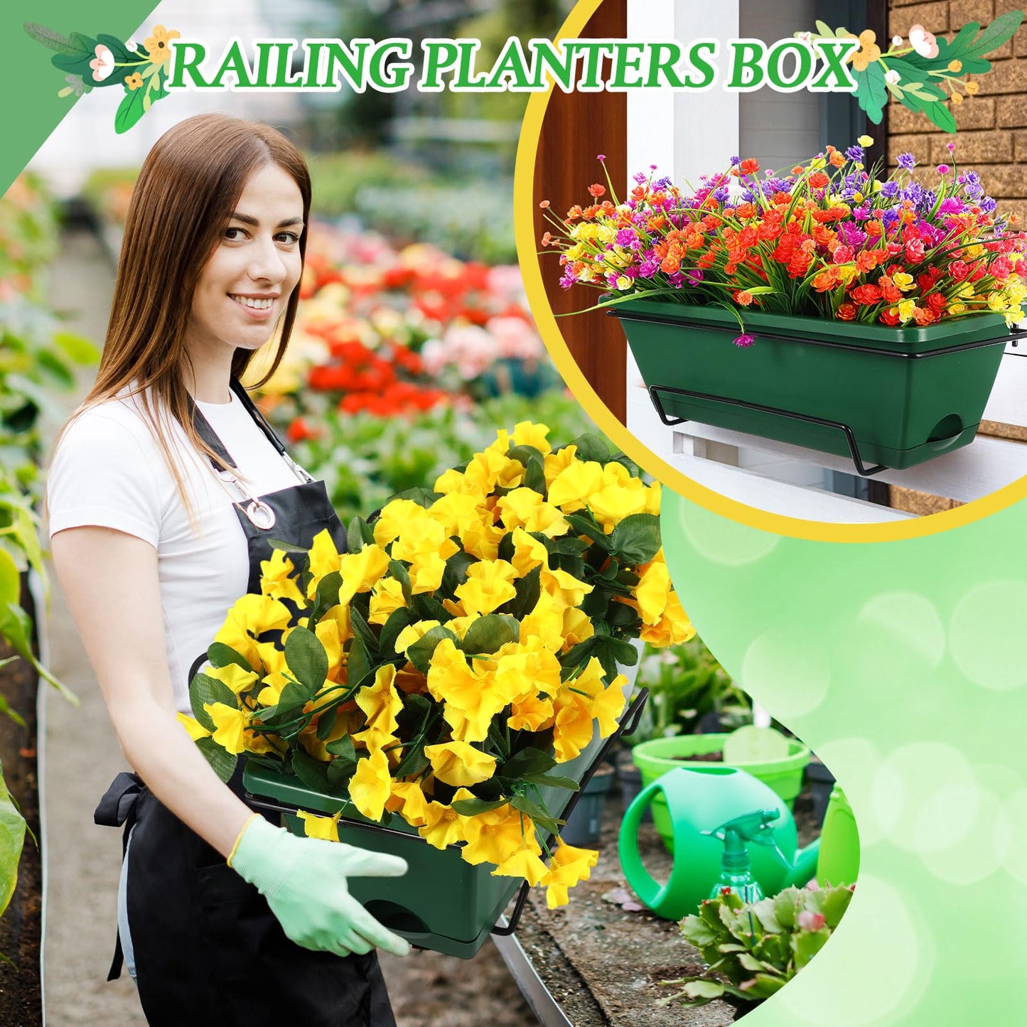 Funnymoom 8 Pack Plastic Hanging Flower Pots for Railing Fence Outdoor Planter 17 Inch Hanging Planter with Iron Brackets with Drainage Holes and Trays for Window Balconies Garden(Dark Green)
