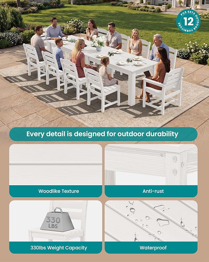 SERWALL HDPE Dining Set for 10 – 2 Tables, 8 Armless + 2 Armchairs. Includes 10