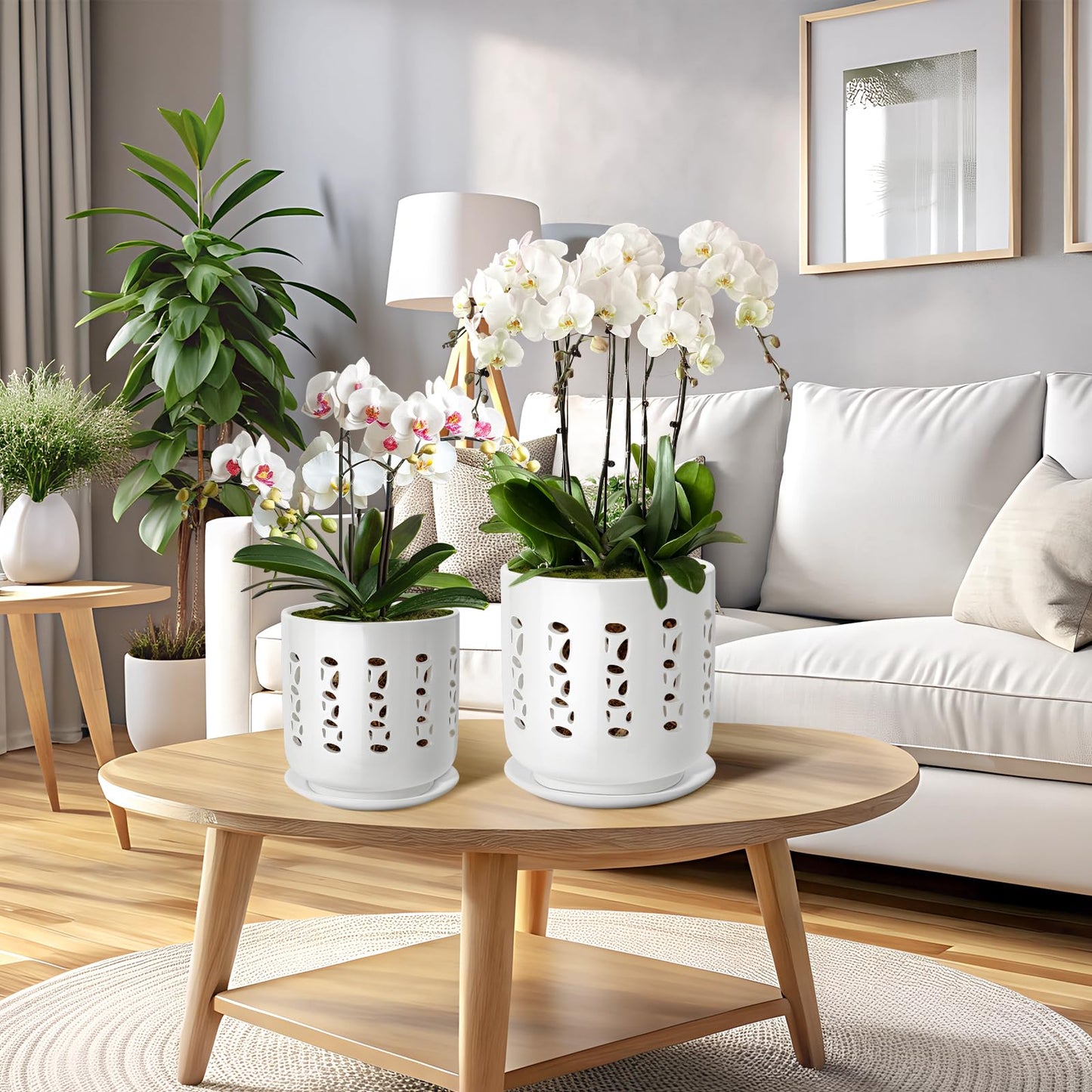 KERUITA Ceramic Orchid Pots with Holes – 5" & 6" Orchid Planter Set with Drainage and Saucers, Breathable Orchid Pots for Healthy Roots