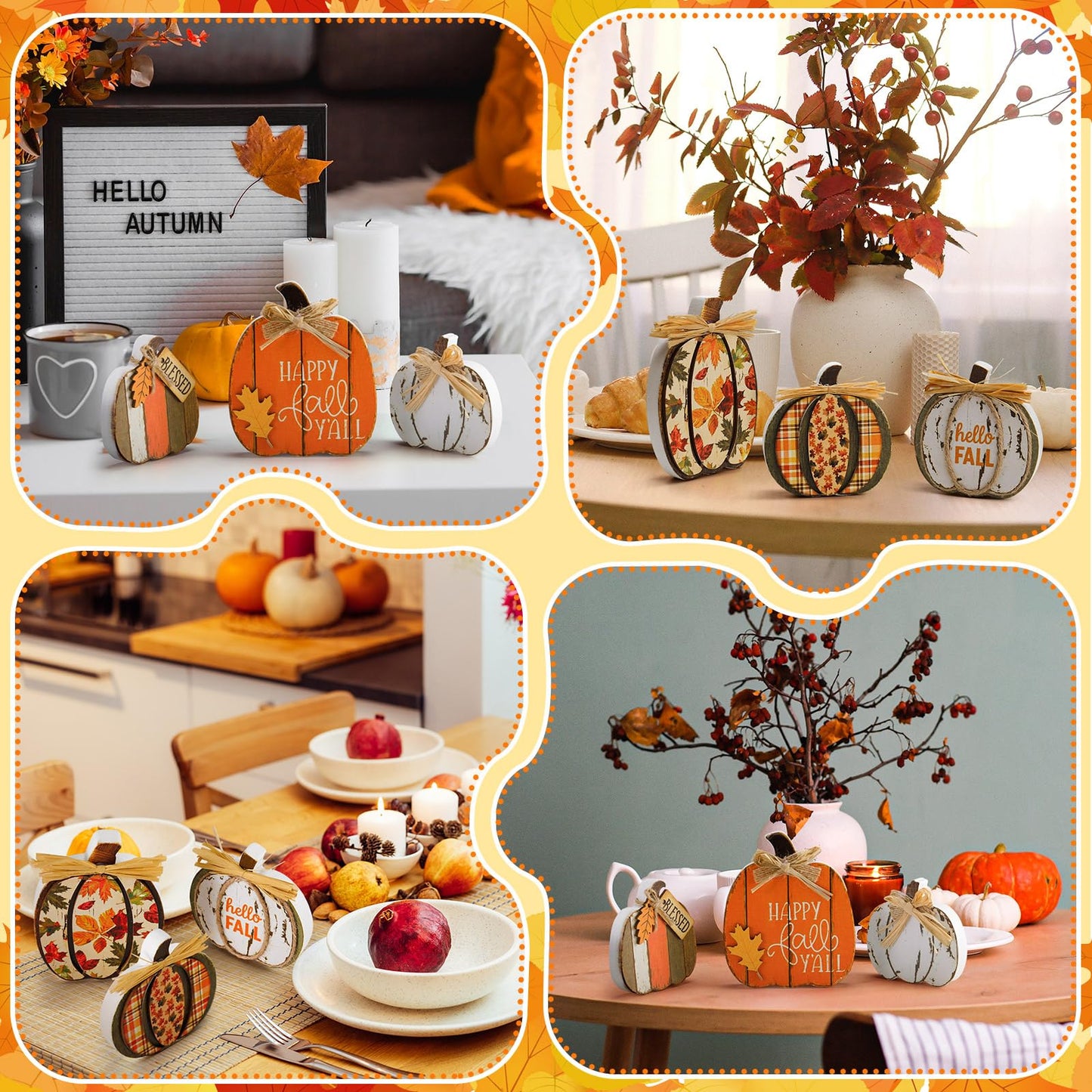 Leinuosen 6 Pcs Fall Pumpkin Decor Wooden Block Sign Fall Tiered Tray Decor for Home Autumn Table Centerpieces Decorations for Thanksgiving Harvest Table Mantel(6 Pcs,Pumpkin)