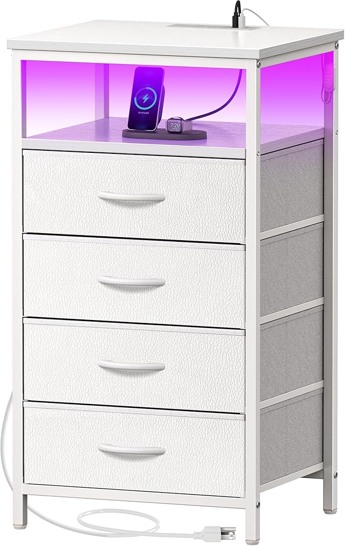 Huuger Night Stand with Charger Station and LED Lights, 4 Drawer Nightstand