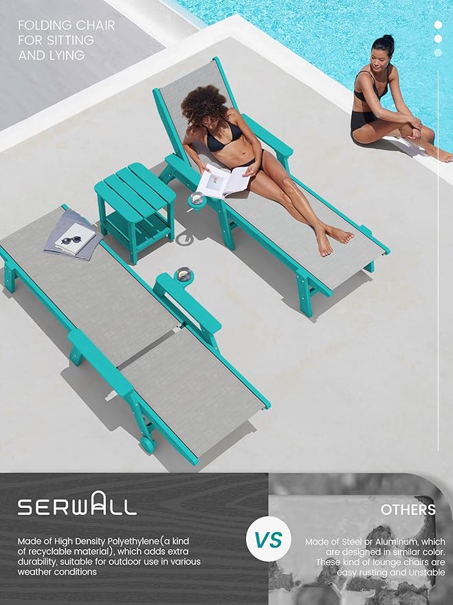 SERWALL Textilene Patio Chaise Lounge Chair Set of 2, 5 Positions Outdoor