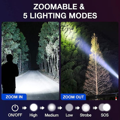 RECHOO 2 Pack LED Flashlights High Lumens - 5 Modes, Zoomable, Waterproof & Super Bright Tactical Torch for Camping, Hiking, Emergency, Home Essentials (Batteries not Included)