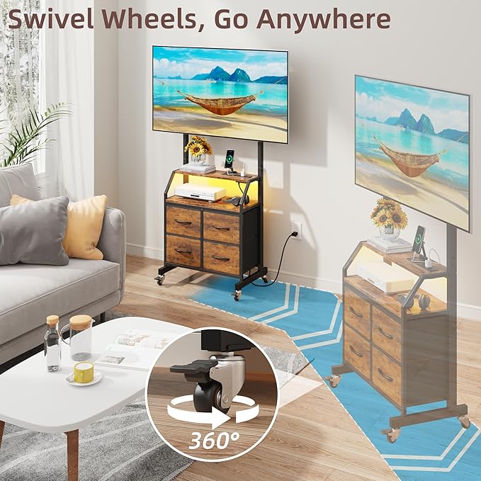 Rolling TV Stand with Mount & 4 Fabric Drawers