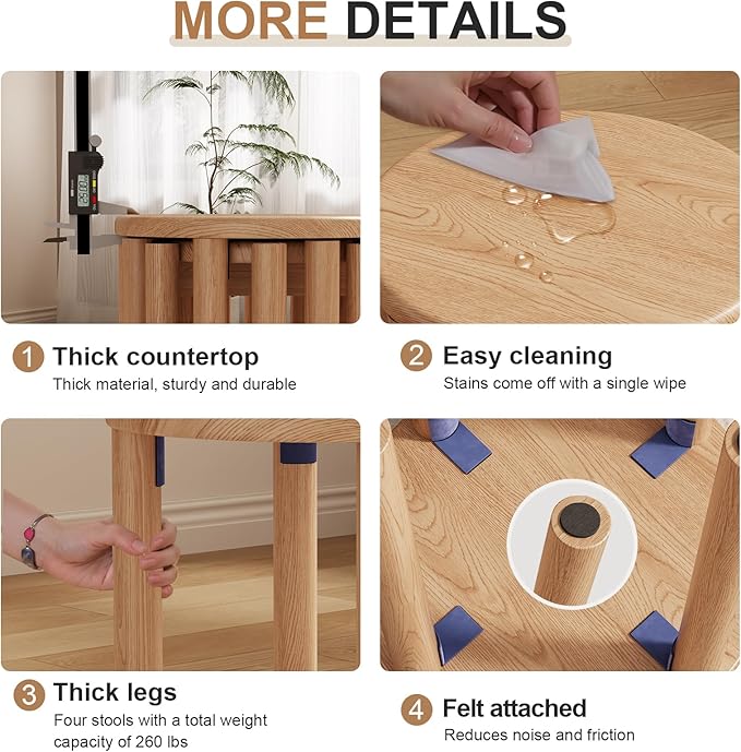 Stackable Stools Set of 4, 100% Solid Wood Stool No Installation Required