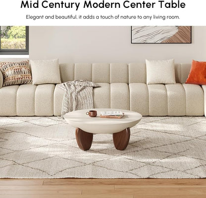 homary 30" Round Coffee Table, Modern Concrete Center Table with Walnut Ash Wood Legs, Minimalist Cement Finish for Living Room