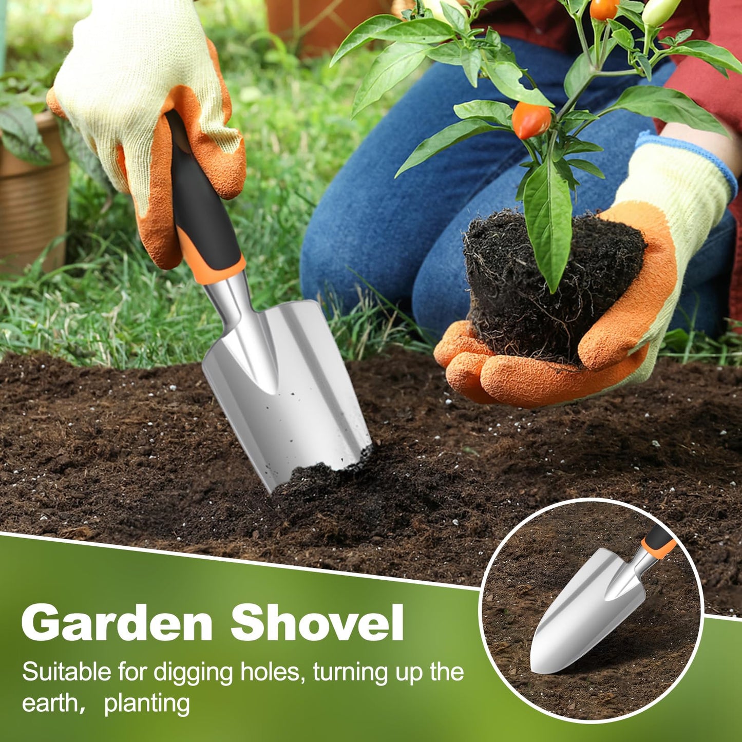Ocean Ice Garden Tool Set, 4Pcs Aluminum Heavy Duty Gardening Tool Set, Include Shovel, Transplant Trowel, Hand Cultivator and Shear with Rubberiz NonSlip Ergonomic Handle, Gardening Kit for Women Men