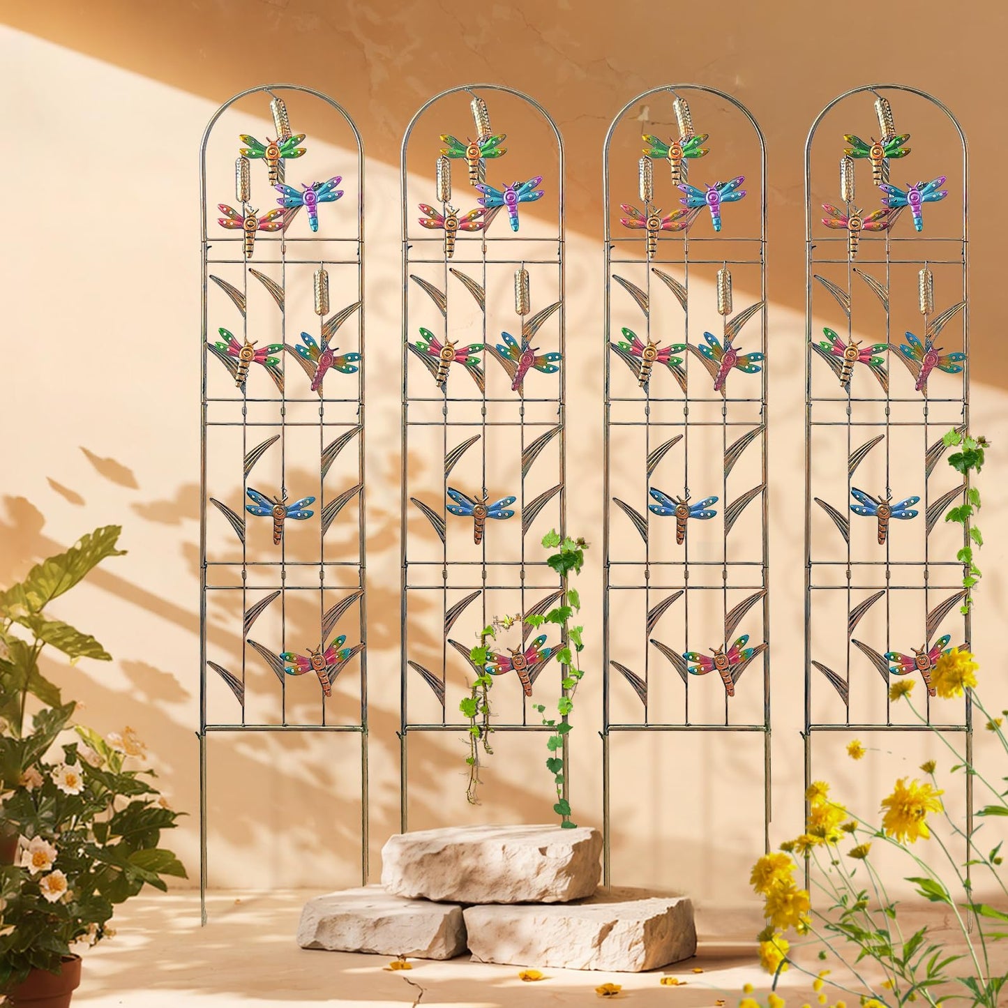 aboxoo Set of 4 Packs Dragonfly Metal Garden Trellis for Climbing Plants,Outdoor Decorative Flowers Arch Fence Trellis for Outdoor Patio,Garden,Lawn,Yard,Backyard,Wall Brackets,60'' H x 11'' W