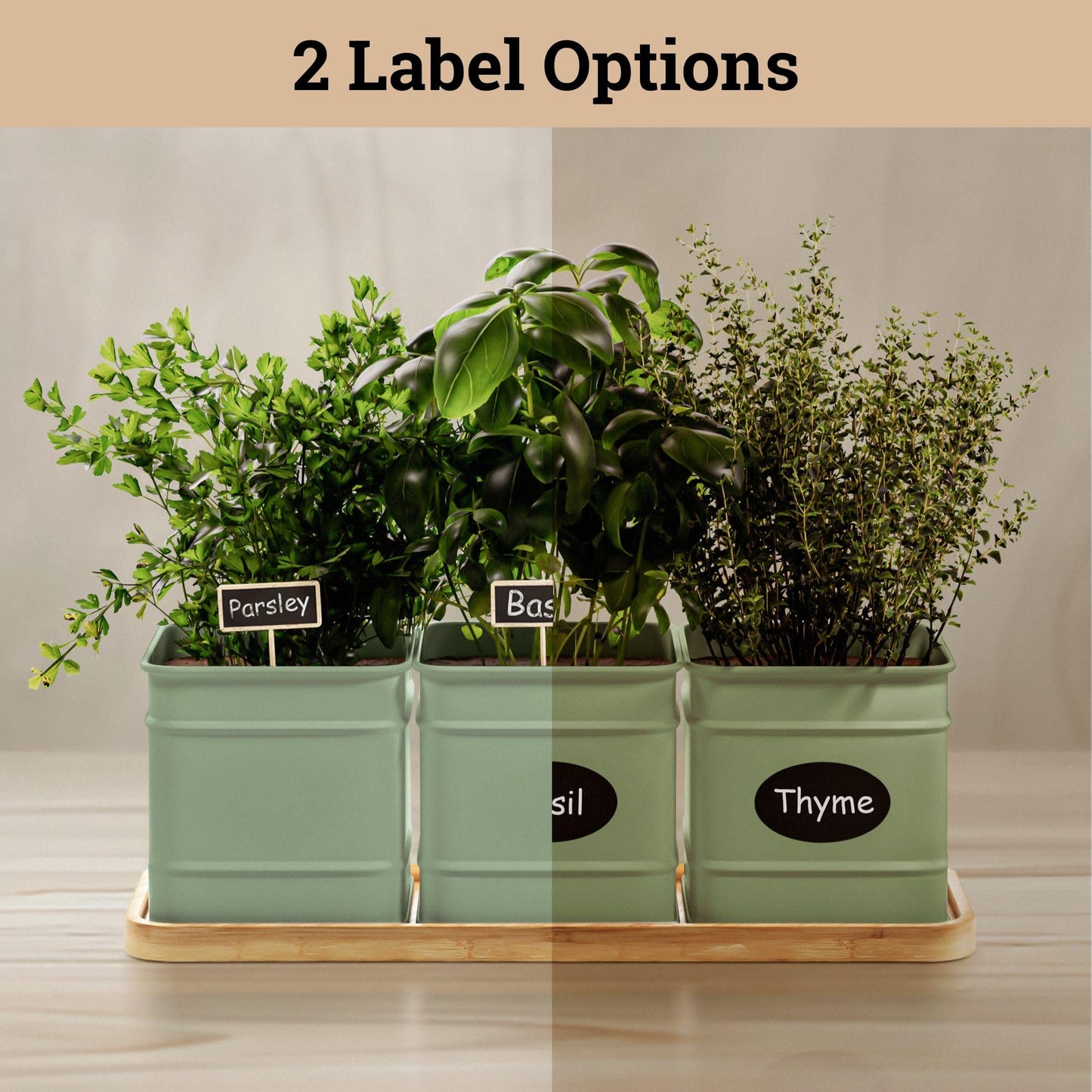 Herb Planter Indoor - 3 Iron Herb Pots with Drainage Holes, Varnished Bamboo Tray, Customizable Labels & Marker Pen - Indoor Herb Garden Planter - 3 Pots for Herbs - Inside Spice Garden - Basil Pot
