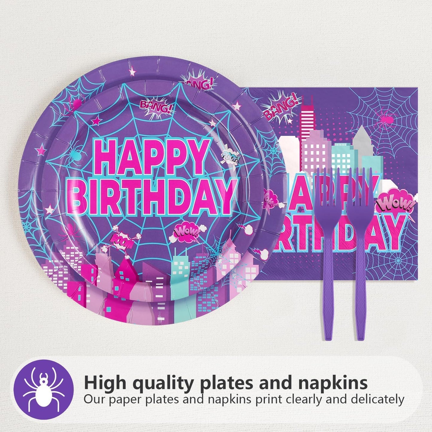 Greencian Purple Spider 3rd Birthday Party Decorations Purple Spider Themed Plates and Napkins Cartoon 3rd Decorations for 3 Years Old Boys Girls Kids Birthday Party Supplies