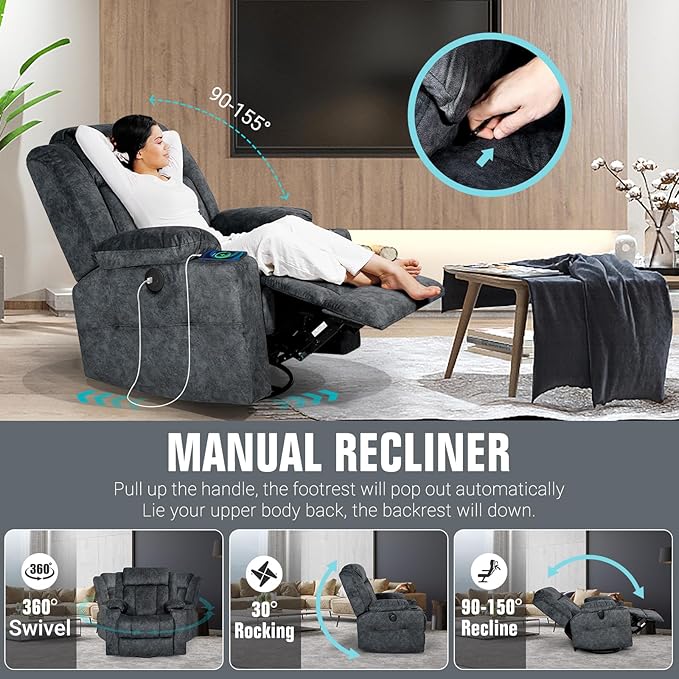 LEVELEVE Retro Rocking Recliner Chair, Massage Rocker Recliner Chair