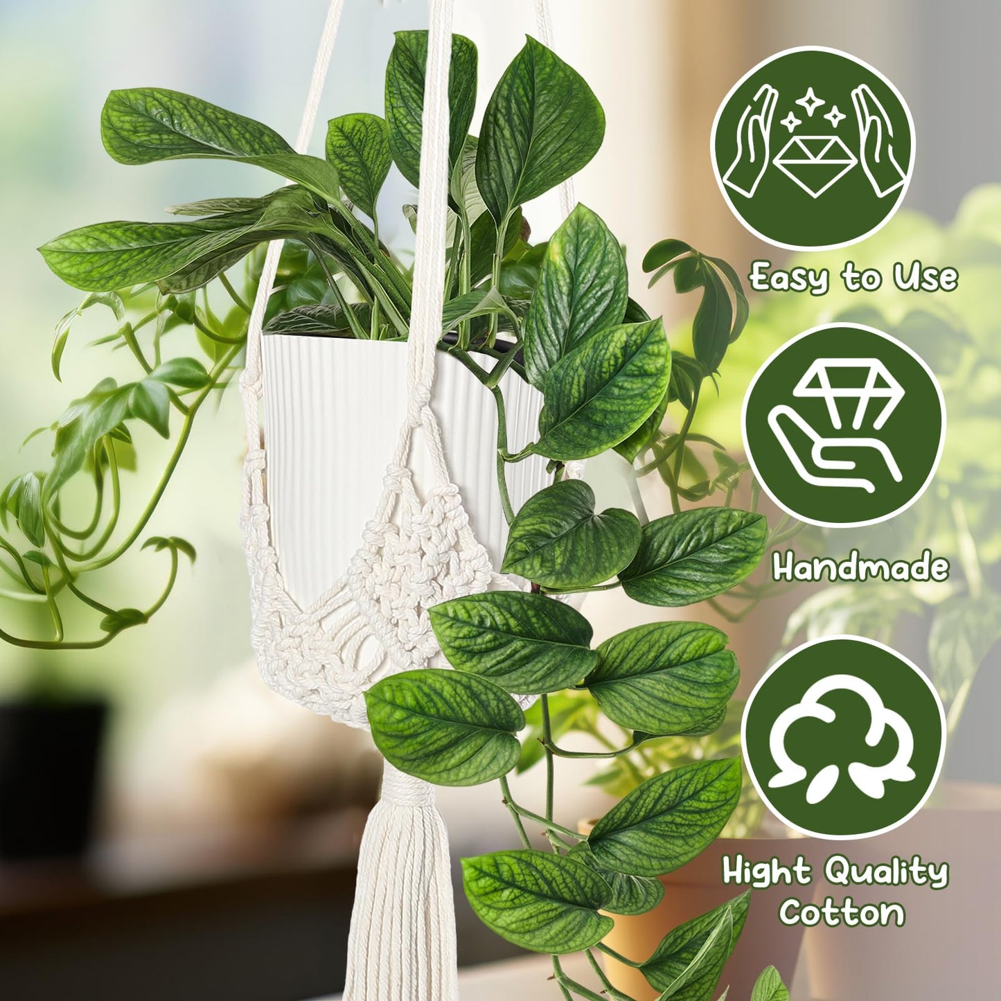 Wovnet 4 Packs Macrame Plant Hangers Indoor Crochet Hanging Plant Holder with Tassels Hanging Planters for Indoor Boho Hanger with 4 S Shaped Hooks for Home Decor Window Flower Pot (White)