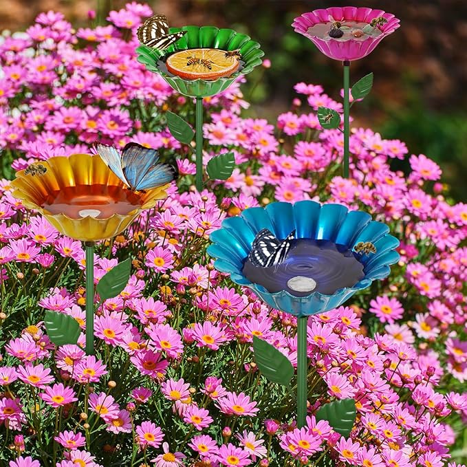 Large Bee Watering Station, 4 Pack Small Bird Bath for Outside, Metal Butterfly Feeders Bowl with 5.32'' Flower Design Bee Bath for Garden Decor (Classic-Flower 4-Pack)