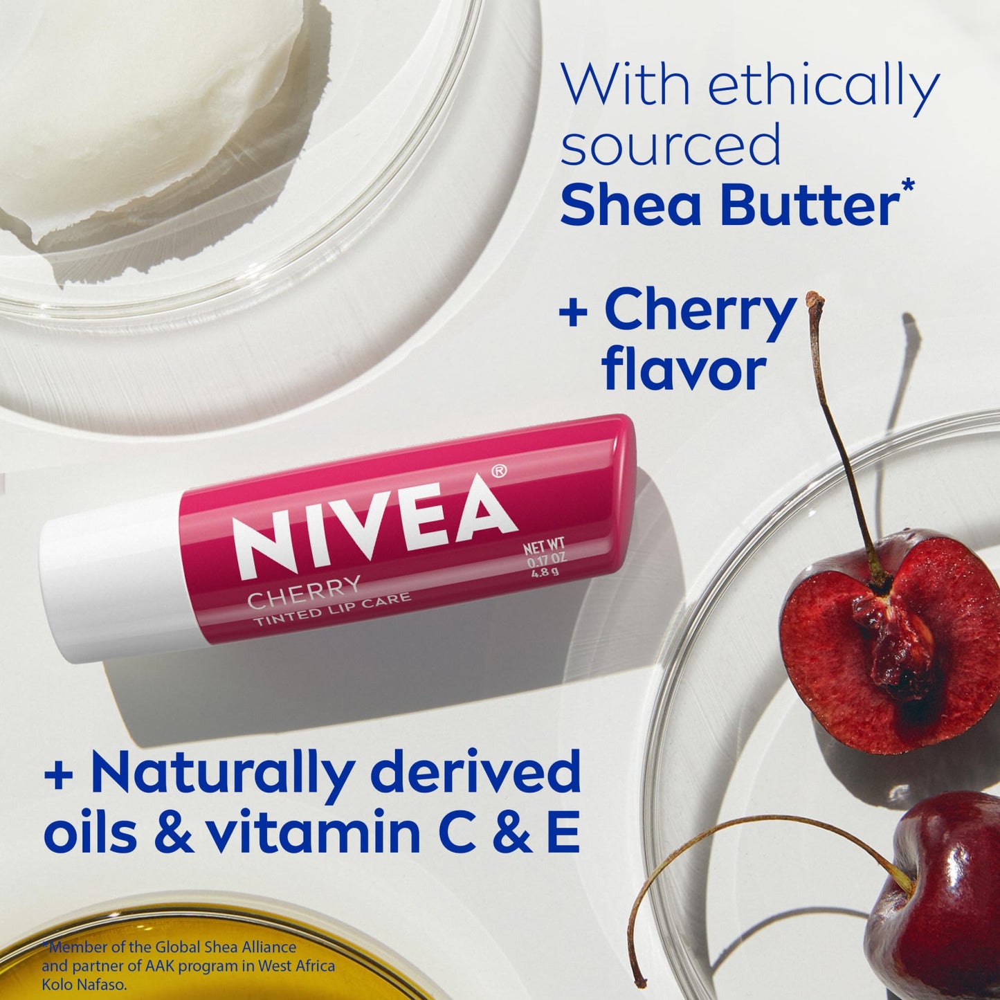 NIVEA Lip Care, Fruity Tinted Lip Balm Variety Pack, Cherry, Strawberry, Blackberry and Watermelon Flavors, 3-in-1 Moisture, Repair and Color, 0.17 Oz Stick, Pack of 4