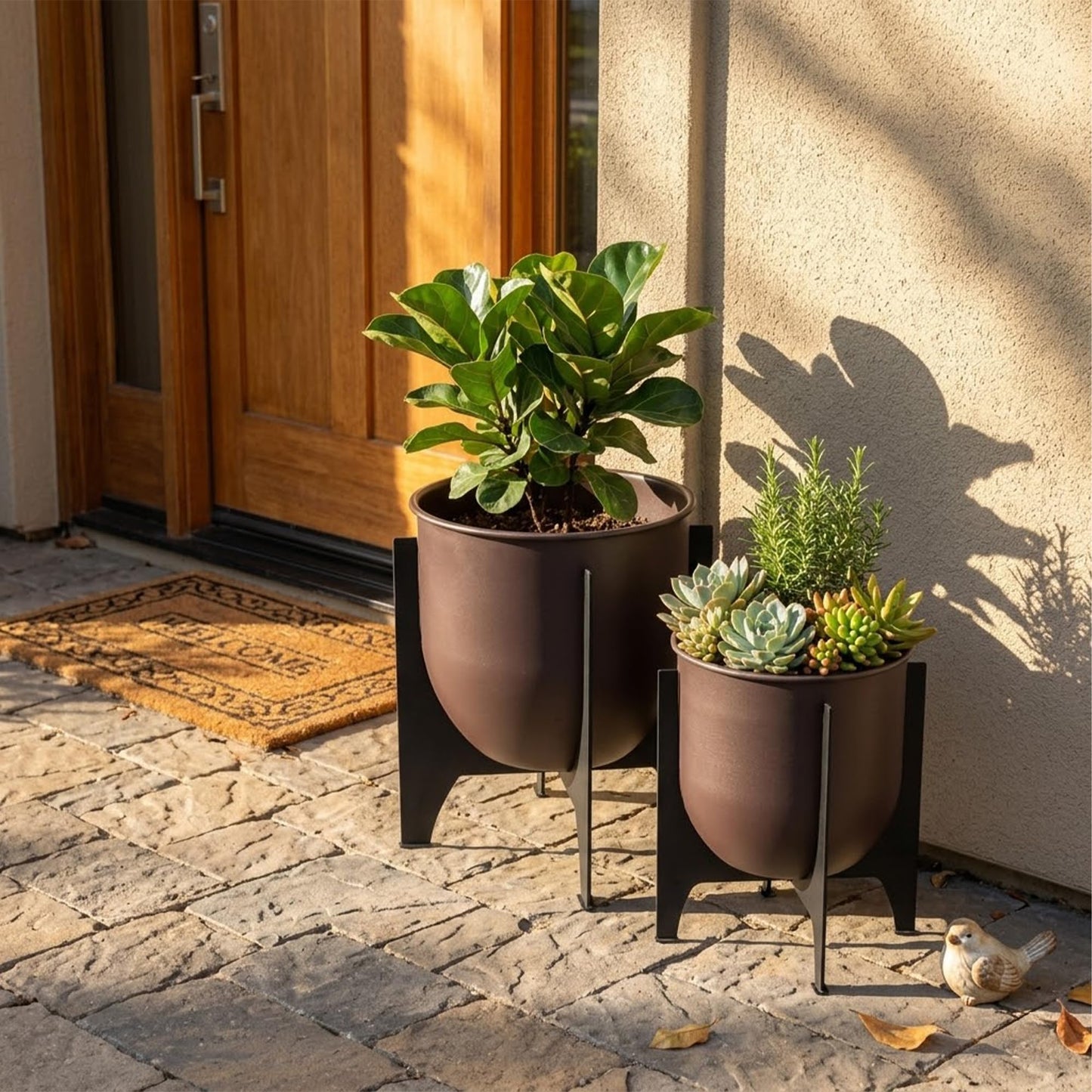 TRIROCKS Set of 2 Planters with Stand Indoor Outdoor Metal Plant Stand 16 &8" H Modern Planters Flower Pots for Living Room Corner Kitchen Office Garden Balcony Patio Decor