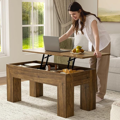 FABATO 41.7'' Lift Top Coffee Table, Wooden Rectangle Coffee Table with Hidden Storage, Large Center Table Adjustable Height Sofa Table for Living Room Office Apartment, Brown