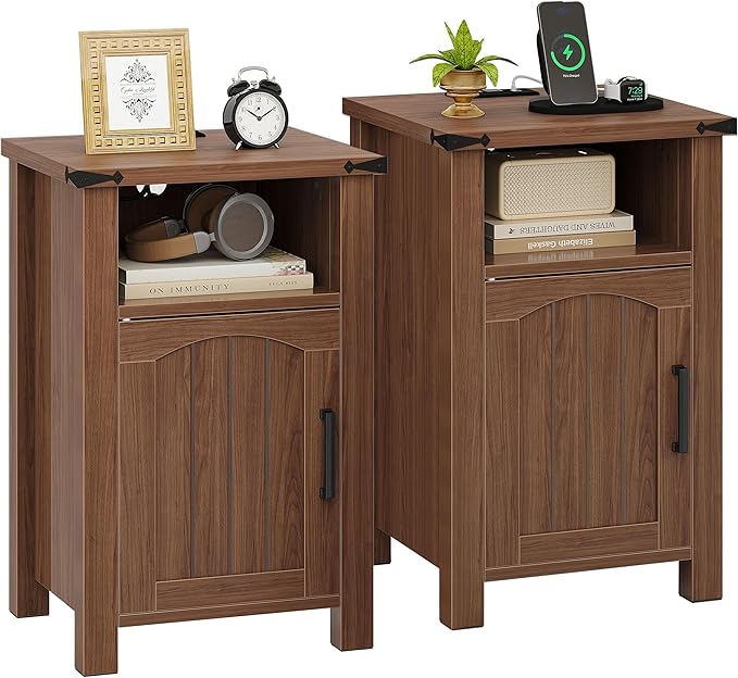 Farmhouse Nightstand with Charging Station, Rustic Bedside Table with Large