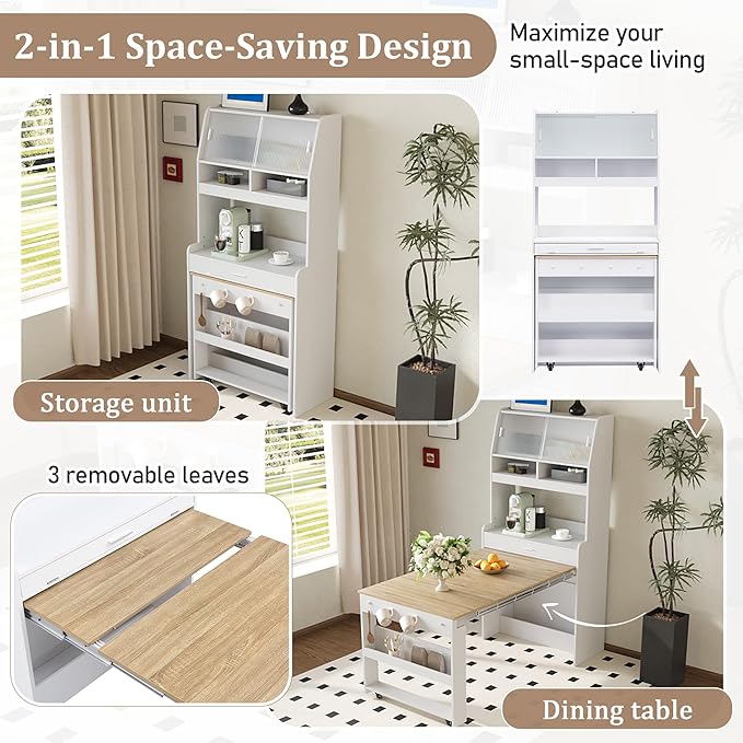 Spaco 2-in-1 Folding Dining Table and Buffet Cabinet Set, Compact Pull-Out