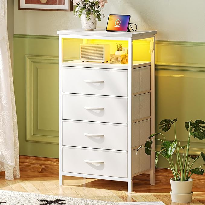 Huuger Night Stand with Charger Station and LED Lights, 4 Drawer Nightstand