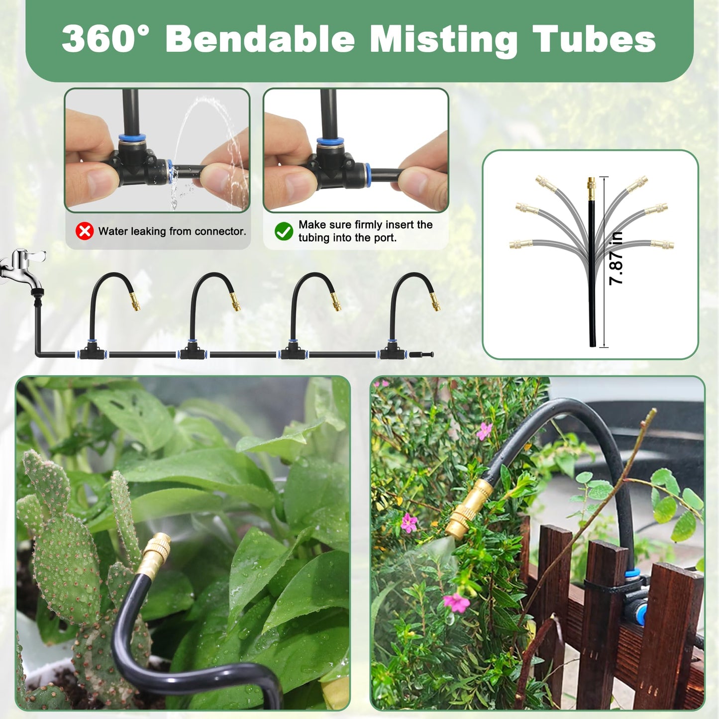 Quibbay 360° Adjustable Drip Irrigation System Kit, 32.8FT Automatic Garden Watering System with 10 Copper Nozzles, Atomizing Misting Watering System with 360° Bending Dropper for Plant Lawn Patio