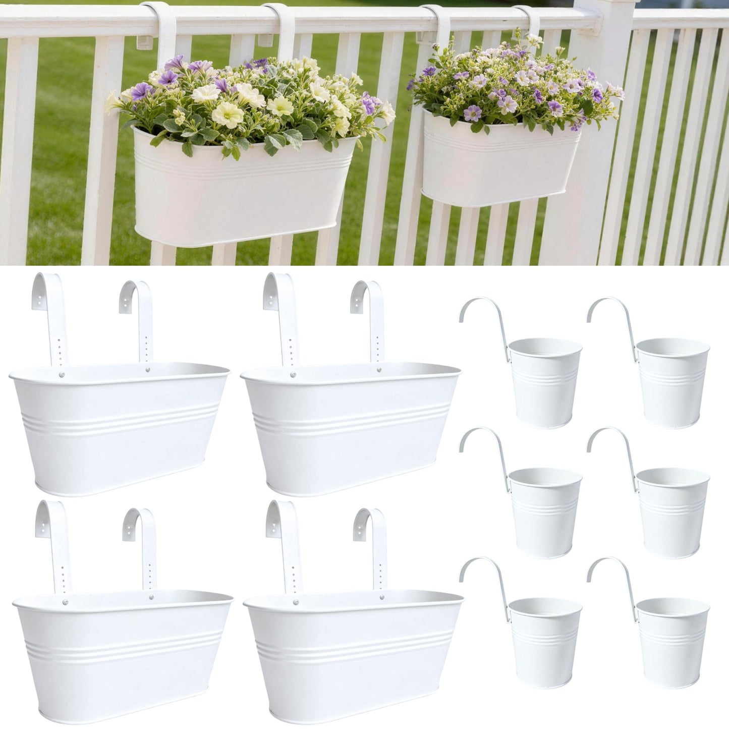 LaLaGreen 11.8 Inch Rail Planter (10-PIECE Combo Set) White Metal Outdoor Porch Railing Planters, Modern Plants Hanging Fence Balcony Gardening for Apartment Garden Style Iron Patio Flower Pots Deck