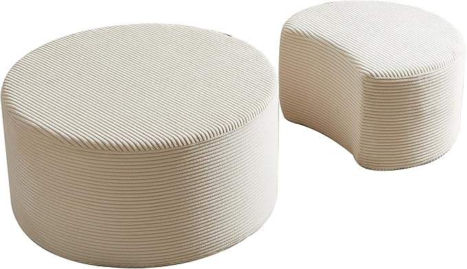 Modern Nesting Coffee Table Set of 2 in Beige, Upholstered Round Living Room