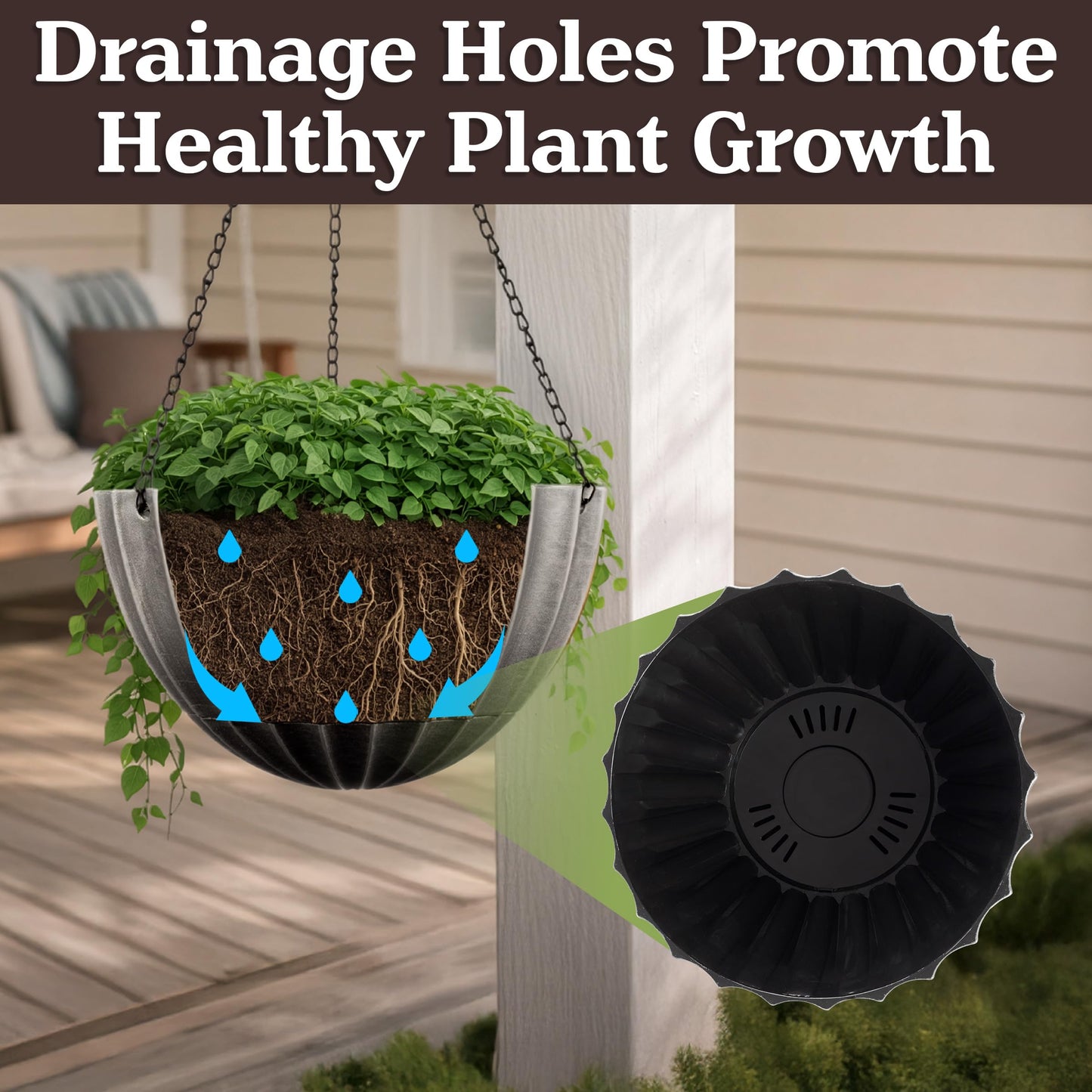 Hanging Planter 2-Pack - 10.25-Inch Durable Plastic Hanging Planters for Indoor Plants or Outdoor Porch Decor with 3 Drainage Holes and Removable Bottom Reservoir by Pure Garden (Gray)