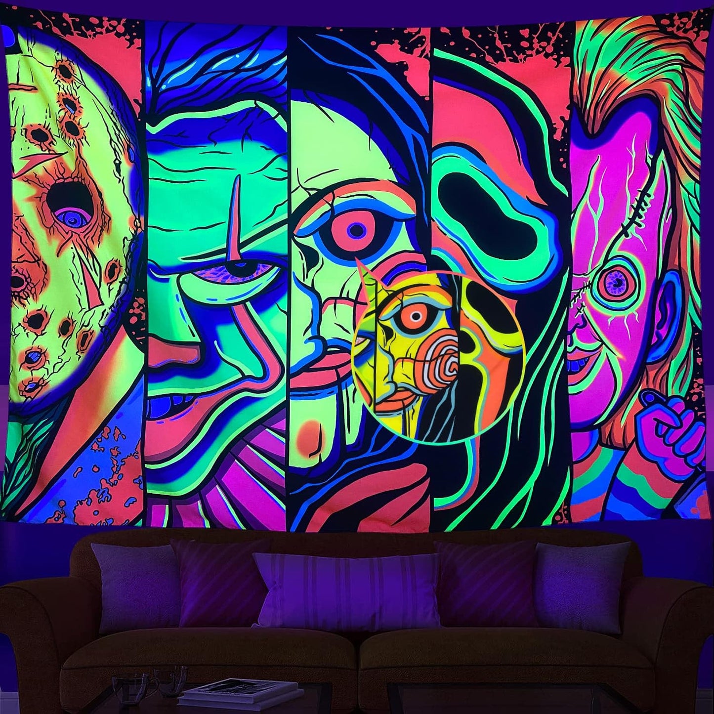 ARTCREATOR Black Light Art Halloween Wall Decor Trippy Blacklight Horror Face Tapestry, UV Reactive Tapestries Glow in The Dark Party Tapestry for Bedroom, Living Room (59" x 78")